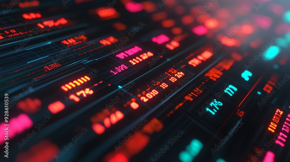 Holographic market decline, virtual business downturn, futuristic price fall, neon interface Holographic market decline, virtual business downturn, futuristic price fall, neon interface