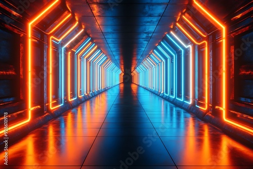 Futuristic hallway with orange and blue neon lights, symmetrical design, high-tech ambiance.