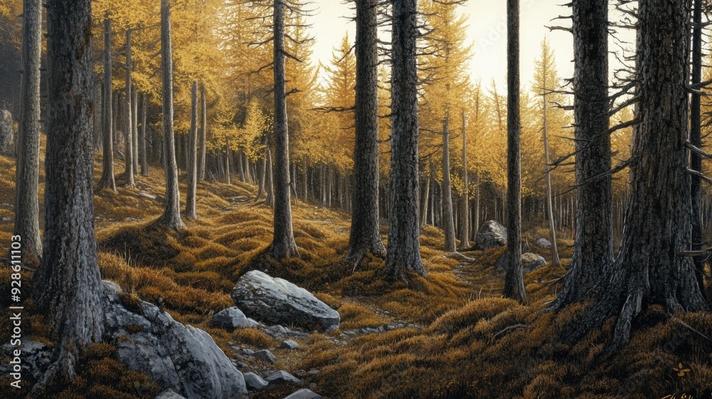 A painting of a forest with rocks and trees in it, AI A painting of a forest with rocks and trees in it, AI