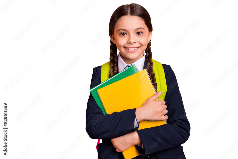 Close up photo beautiful she her little lady funky funny hairdo hands arms learn notebooks glad return see classmates wear formalwear shirt blazer school form bag isolated bright orange background Close up photo beautiful she her little lady funky funny hairdo hands arms learn notebooks glad return see classmates wear formalwear shirt blazer school form bag isolated bright orange background