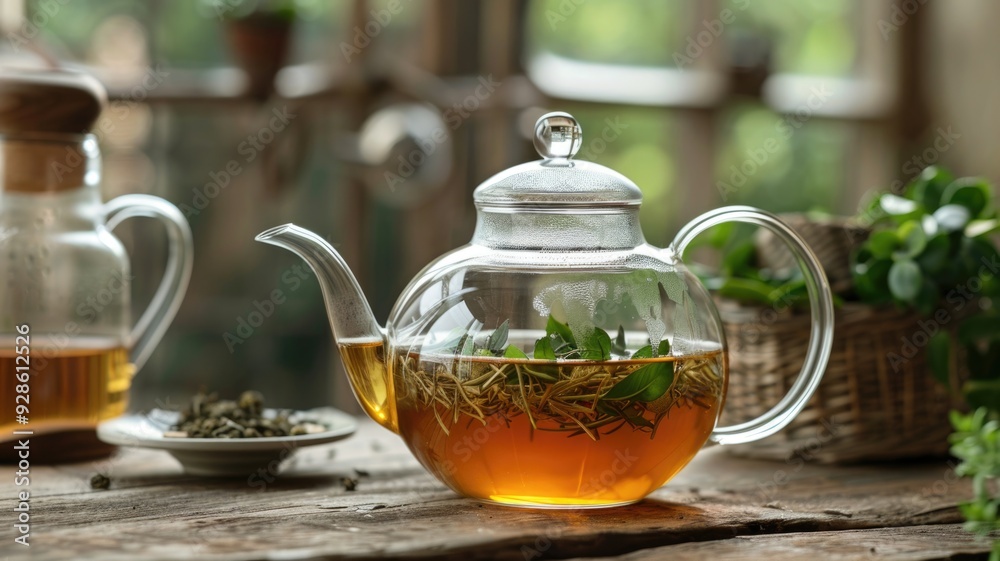 A beautifully crafted glass teapot with tea leaves inside, placed on a wooden table A beautifully crafted glass teapot with tea leaves inside, placed on a wooden table