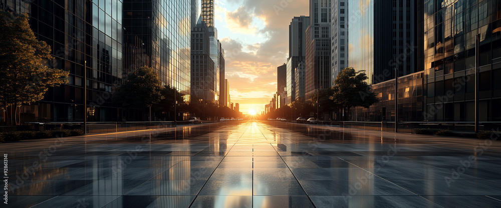 Fototapeta premium Long street in a modern city with skyscrapers, sunset at the end of the street, 3D effect