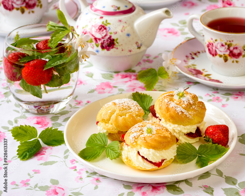 Cream puffs cakes or profiterole filled with whipped cream and served with strawberries and tea on the table
Cream puffs cakes or profiterole filled with whipped cream and served with strawberries and tea on the table