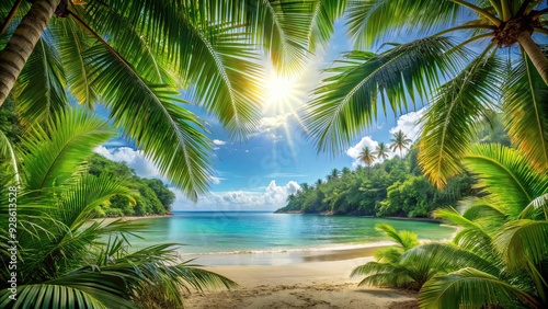 Beautiful jungle beach lagoon view with palm trees and tropical leaves, perfect for a tropical getaway , paradise, tranquil