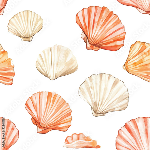 Watercolor seamless pattern with sea shells on beige background. Seamless with birds flying. Pastel colors. Pattern for fabric, baby clothes, background, textile, wrapping paper and other decoration
