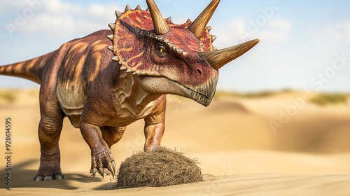 Protoceratops guarding nest in a sandy dune landscape, CGI dinosaurs, protective parent photo