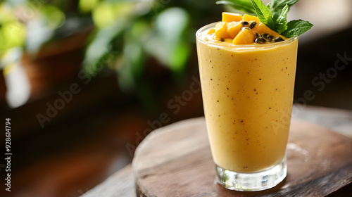 Fresh passion fruit smoothie in a glass with piece of mango on top, a healthy and refreshing beverage