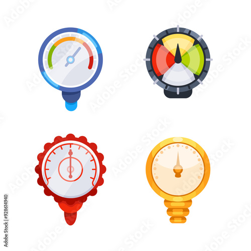 Set of colorful round manometers measuring pressure with arrow showing different values, industrial device for measurement of pressure in pipes or tanks