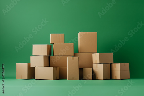 Stack of cardboard boxes on the green background. Moving house. Relocation. Delivery.