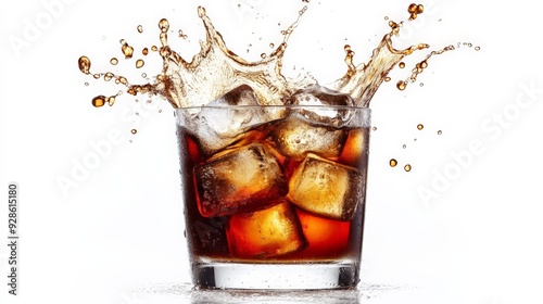 A refreshing splash of cola in a glass with ice cubes. Perfect for advertisements and beverage-related content.