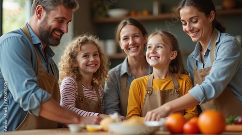 Happy Family Cooking Together: Parents and Children Preparing Healthy Meal with Fresh Produce in Kitchen