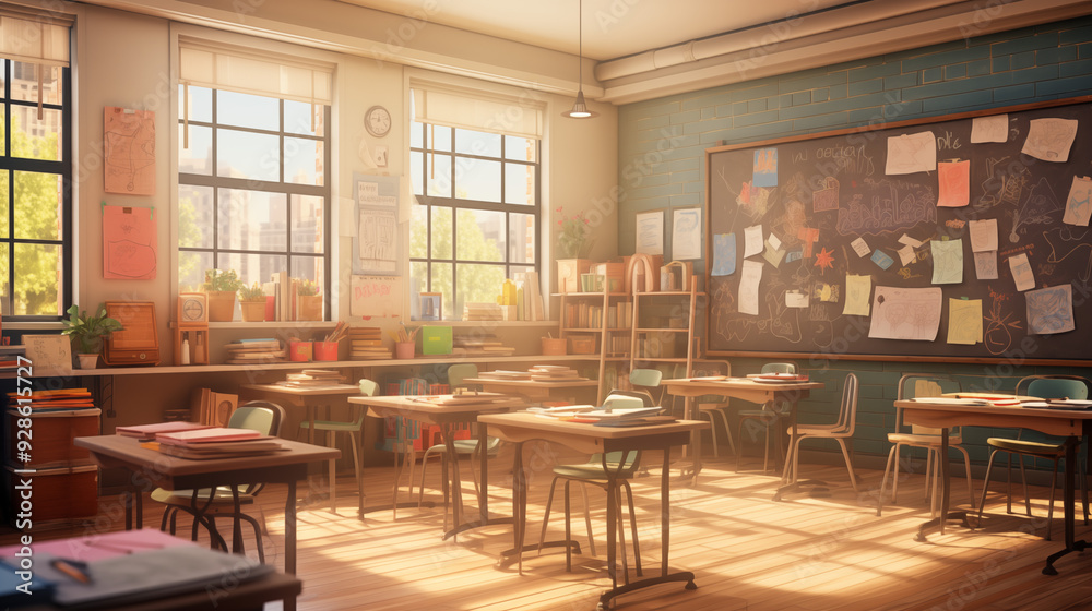 Cozy Elementary School Classroom With Large Windows and Morning Sunlight Green Chalkboard with Drawings and Artwork Desks and Bookshelves Bright and Inviting Environment Cozy Elementary School Classroom With Large Windows and Morning Sunlight Green Chalkboard with Drawings and Artwork Desks and Bookshelves Bright and Inviting Environment