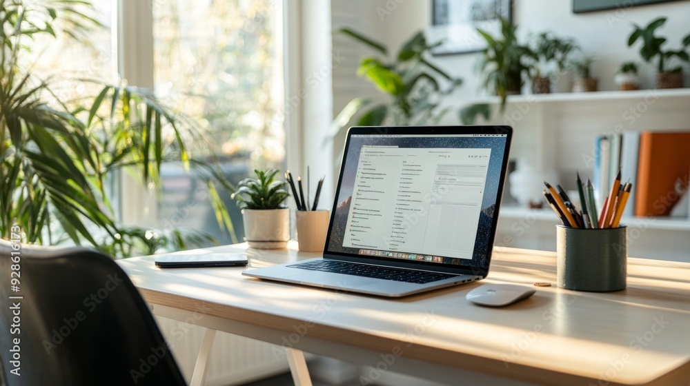 Clean and organized workspace with a simple desk setup, including a laptop and a few personal items. Clean and organized workspace with a simple desk setup, including a laptop and a few personal items.