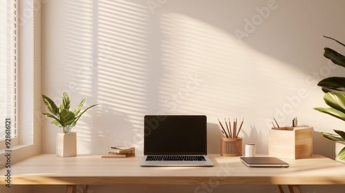 Clean and organized workspace with a simple desk setup, including a laptop and a few personal items.