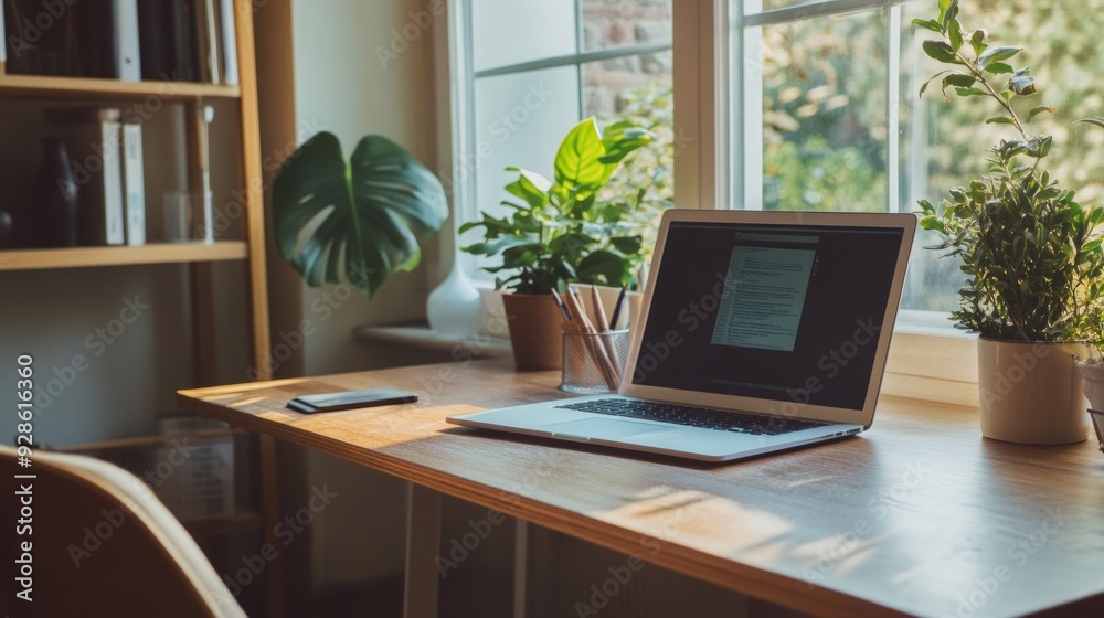 Clean and organized workspace with a simple desk setup, including a laptop and a few personal items. Clean and organized workspace with a simple desk setup, including a laptop and a few personal items.