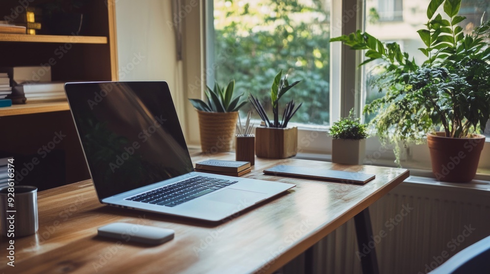 Clean and organized workspace with a simple desk setup, including a laptop and a few personal items. Clean and organized workspace with a simple desk setup, including a laptop and a few personal items.