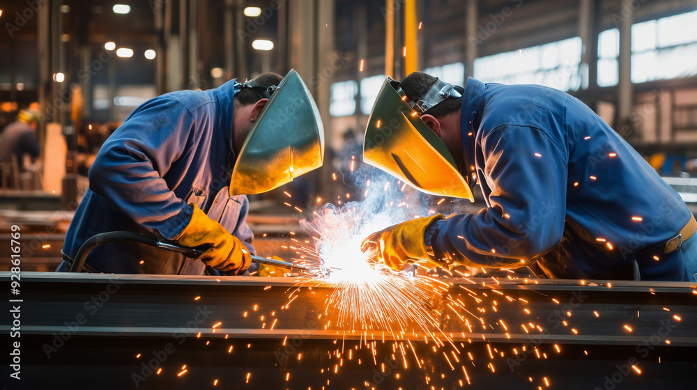 Welders working in a metal fabrication shop, using torches to join metal pieces together. The atmosphere is filled with sparks and intensity, showcasing the precision and craftsman Welders working in a metal fabrication shop, using torches to join metal pieces together. The atmosphere is filled with sparks and intensity, showcasing the precision and craftsman