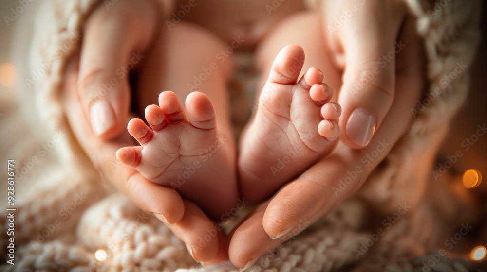 Close-up of a baby feet held in adult hands with soft focus Close-up of a baby feet held in adult hands with soft focus