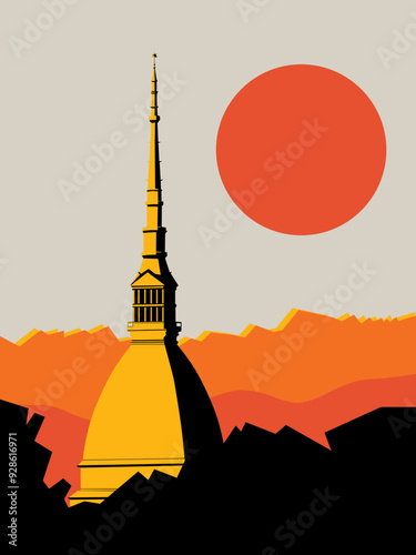 Sunset in Torino, Italy with tower. Vector illustration, symbol of Torino city. 