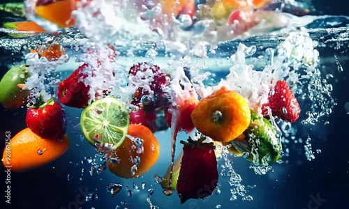 fresh multi fruits and vegetables splashing into blue clear water splash healthy food diet freshness concept