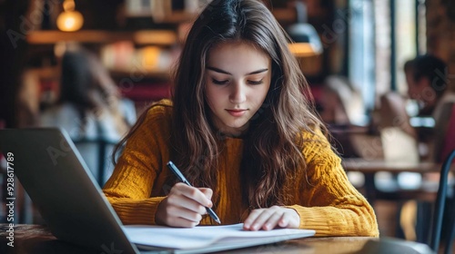 Teenage Girl Engaged in Online Learning and Writing in Notepad