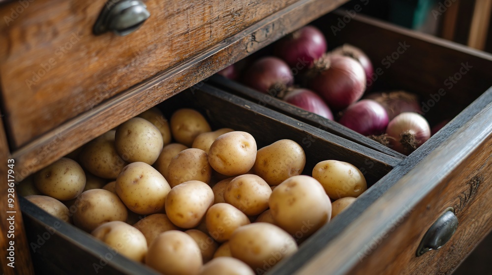 Organized Drawer with Fresh Potatoes and Onions Closeup Organized Drawer with Fresh Potatoes and Onions Closeup
