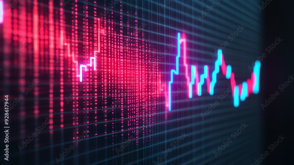 Business losses, holographic price fall, futuristic economic downturn, digital neon design Business losses, holographic price fall, futuristic economic downturn, digital neon design