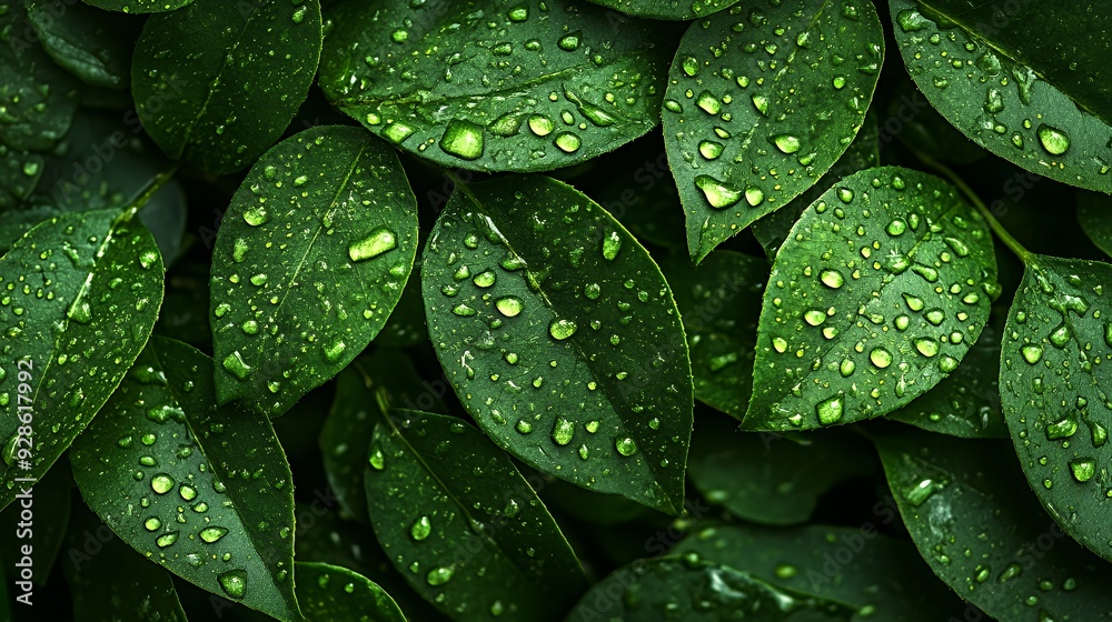Lush green leaves covered in water droplets, a close-up shot revealing the intricate details of the plant's surface.