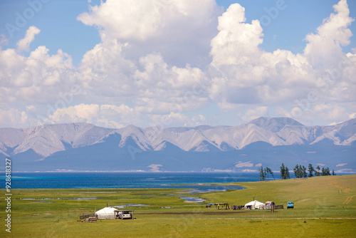 View to the Khuvsgul lake, yurts and mountains in Mongolia