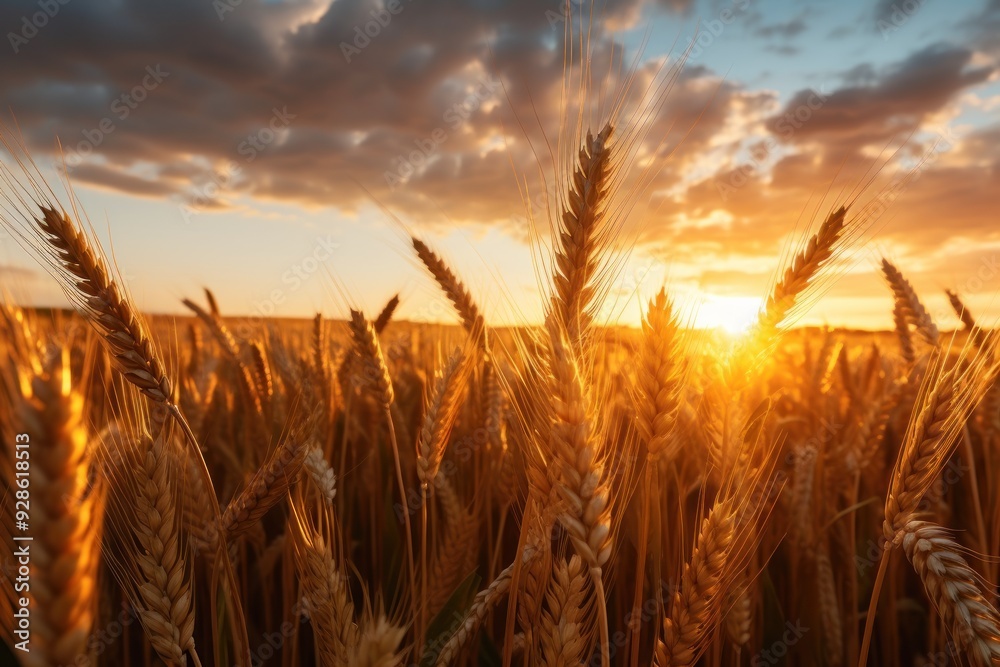Vibrant sunset over lush wheat field in summer