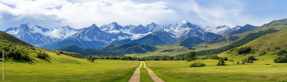 Breathtaking landscape featuring a winding road through lush green fields and majestic snow-capped mountains under a clear sky. Breathtaking landscape featuring a winding road through lush green fields and majestic snow-capped mountains under a clear sky.