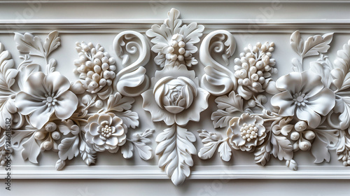 Baroque style bas-relief featuring intricate floral designs and decorative motifs in a classical architectural setting. Generative AI