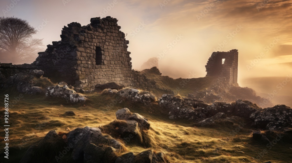 Fototapeta premium Ruined castle walls enveloped in golden hour mist