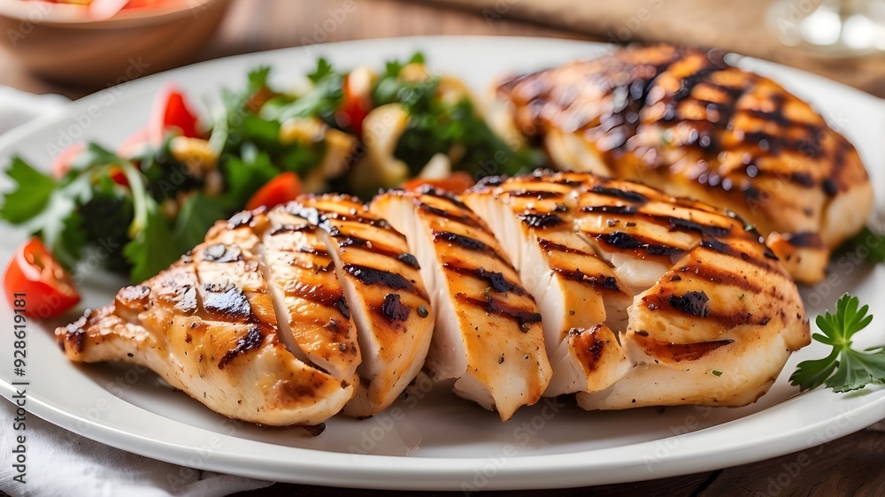 grilled, marinated, and healthful chicken breasts placed on a white plate grilled, marinated, and healthful chicken breasts placed on a white plate