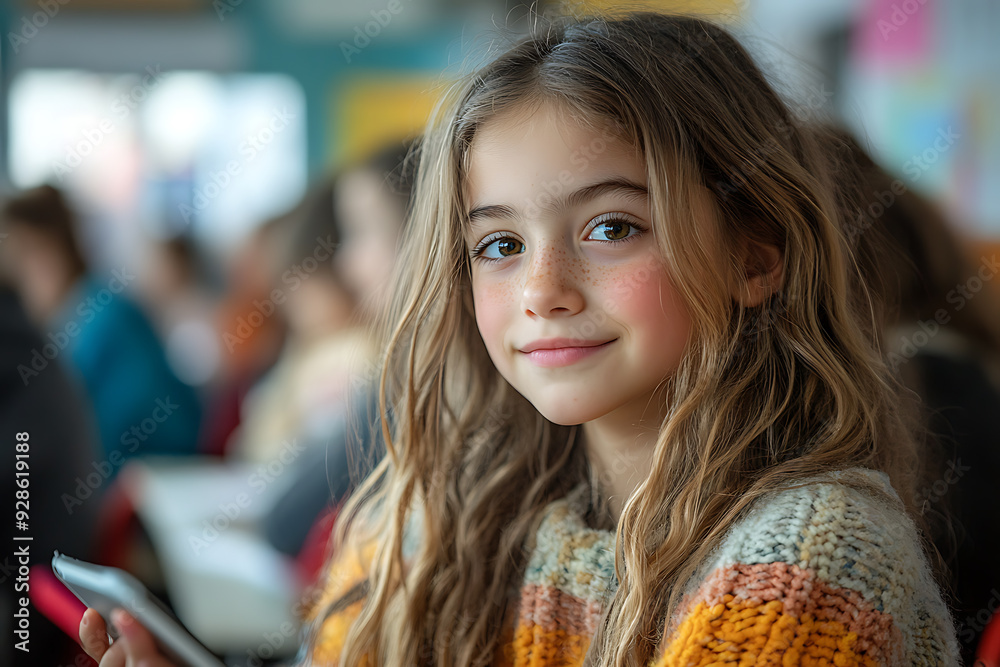 A kid holds a tablet in a classroom, focusing on her screen. The background shows other students blurred, highlighting her concentration and use of technology in education A kid holds a tablet in a classroom, focusing on her screen. The background shows other students blurred, highlighting her concentration and use of technology in education
