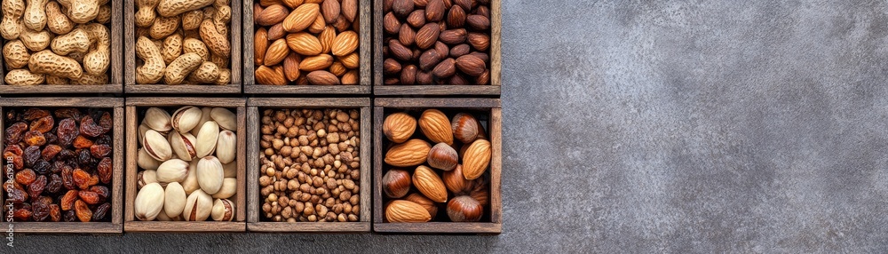 A top view of assorted nuts in wooden boxes, showcasing a colorful variety of textures and shades, perfect for healthy snacking. A top view of assorted nuts in wooden boxes, showcasing a colorful variety of textures and shades, perfect for healthy snacking.