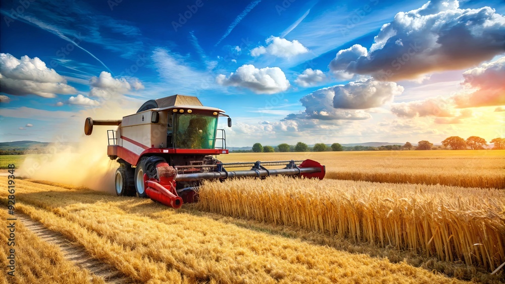 Obraz premium Agricultural machinery combines harvesting ripe wheat in a sunny field, wheat, combine harvester, agriculture, farming, crop
