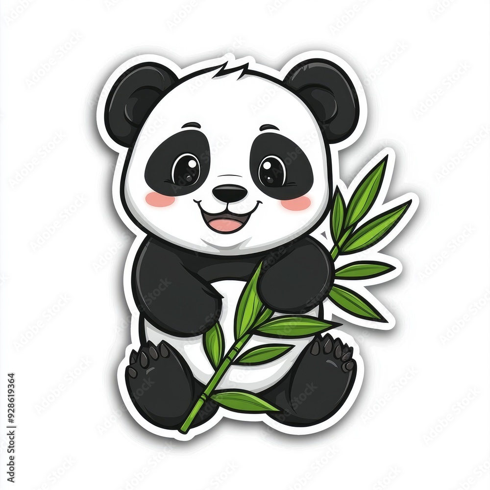 Fototapeta premium Cute Cartoon Panda Holding Bamboo