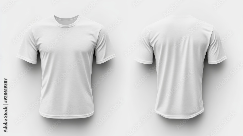 Front and back view of a plain white t-shirt on a clean background, perfect for fashion mockups and design templates. Front and back view of a plain white t-shirt on a clean background, perfect for fashion mockups and design templates.