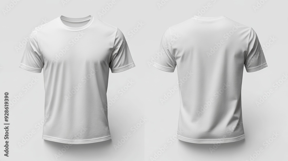 Plain white t-shirt mockup displayed from front and back views, ideal for apparel design and customization. Plain white t-shirt mockup displayed from front and back views, ideal for apparel design and customization.