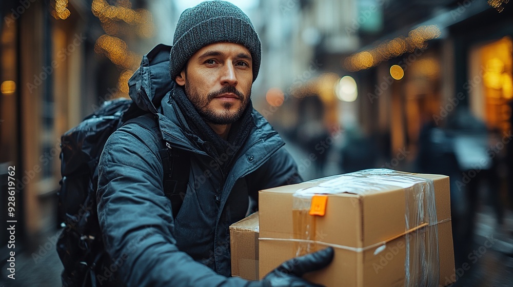 A male bicycle courier is delivering packages in the city, with space for text. A male bicycle courier is delivering packages in the city, with space for text.