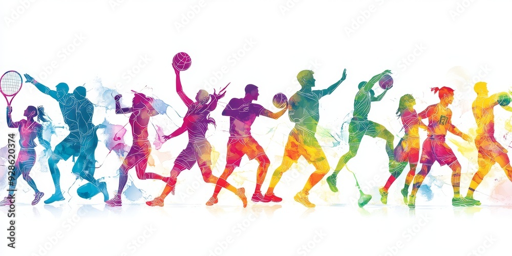 Colorful abstract silhouettes of athletes engaging in various sports Colorful abstract silhouettes of athletes engaging in various sports