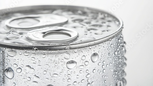 Close-up of a condensation covered soda can, highlighting the freshness and coolness of the beverage in a high-resolution image.