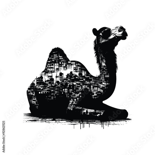 silhouette of Camel filled with ghetto street in rough drawing,