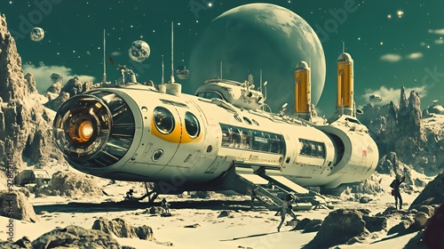 Wallpaper Mural Futuristic spaceship landing on a rocky alien planet with two astronauts and a large moon in the background. Torontodigital.ca