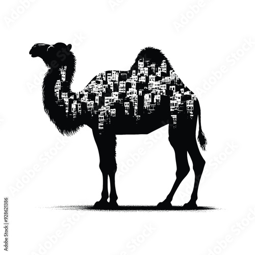 silhouette of Camel filled with ghetto street in rough drawing,
