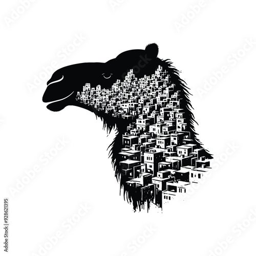 silhouette of Camel filled with ghetto street in rough drawing,