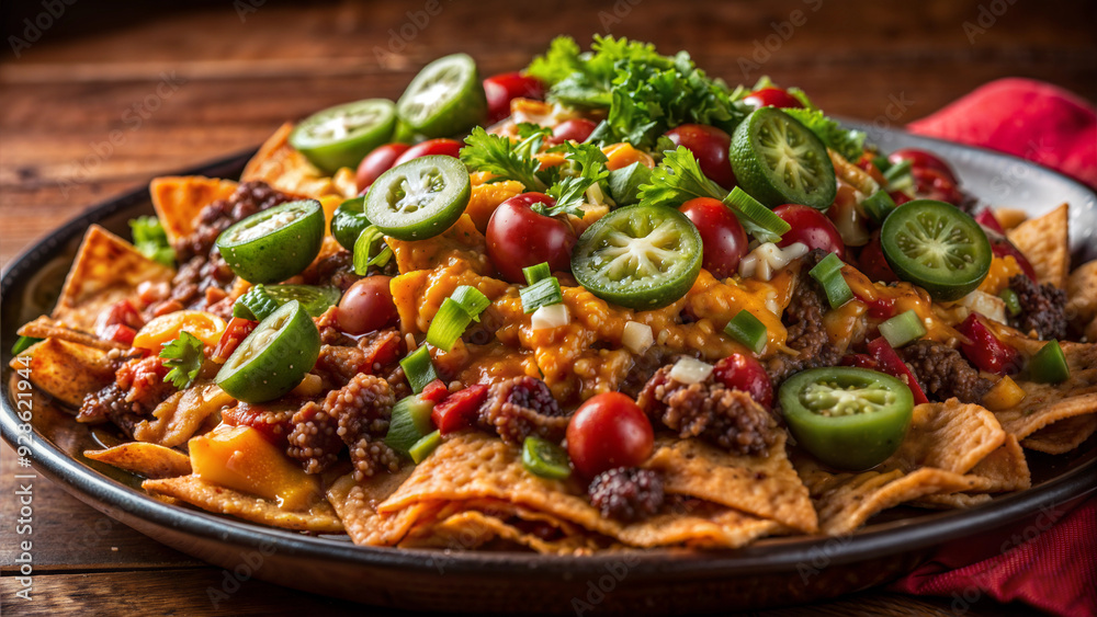 Spicy Nachos with Jalapeños and Beef, Close-Up on Garnished Plate Spicy Nachos with Jalapeños and Beef, Close-Up on Garnished Plate