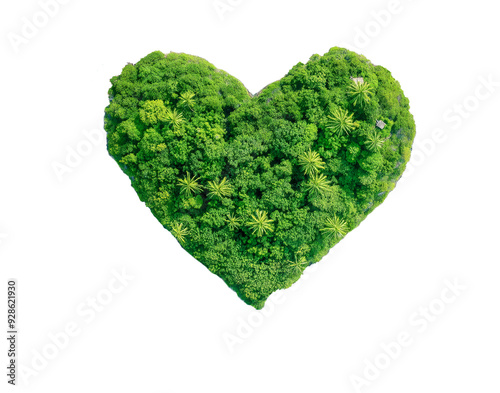 Isolated piece of land in heart shape covered with green trees, directly above aerial view. Earth day.