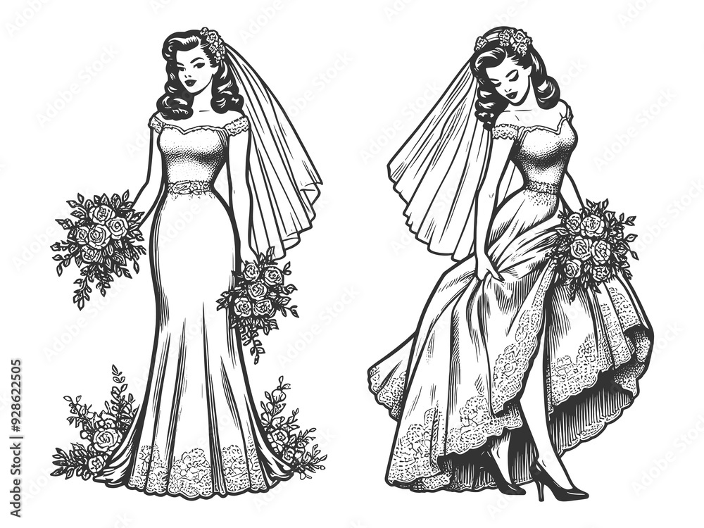bride throws bouquet joyful spirit of a retro wedding sketch engraving generative ai fictional character raster illustration. Scratch board imitation. Black and white image. bride throws bouquet joyful spirit of a retro wedding sketch engraving generative ai fictional character raster illustration. Scratch board imitation. Black and white image.